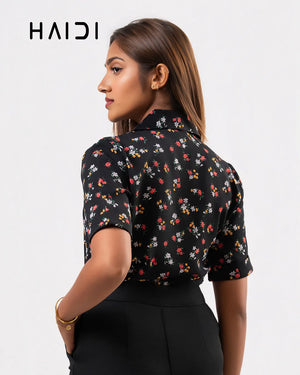 Office Wear Blouse - AB1604- Floral- Black Background