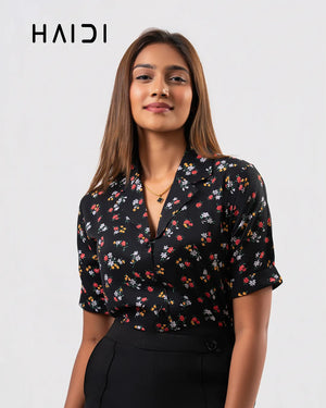 Office Wear Blouse - AB1604- Floral- Black Background