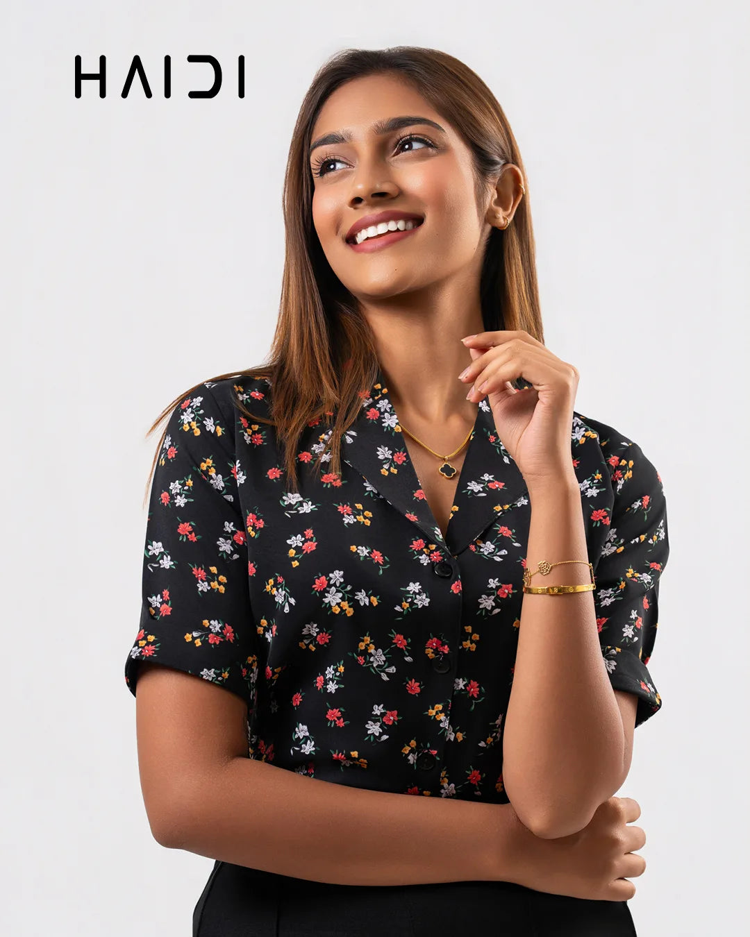 Office Wear Blouse - AB1604- Floral- Black Background