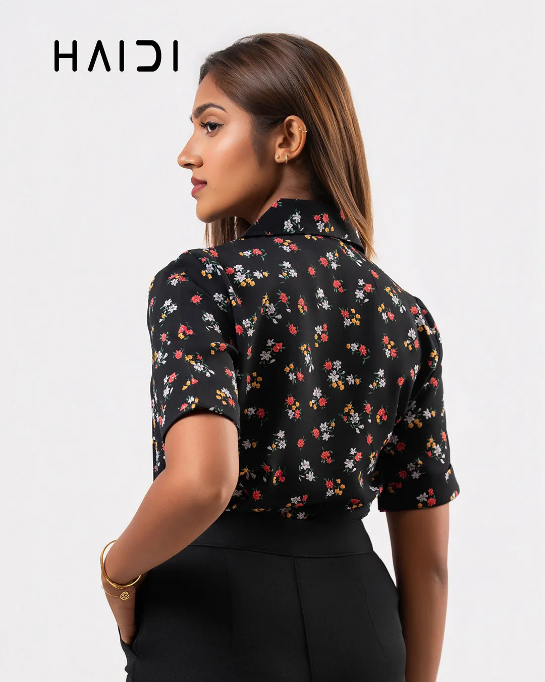 Office Wear Blouse - AB1604- Floral- Black Background