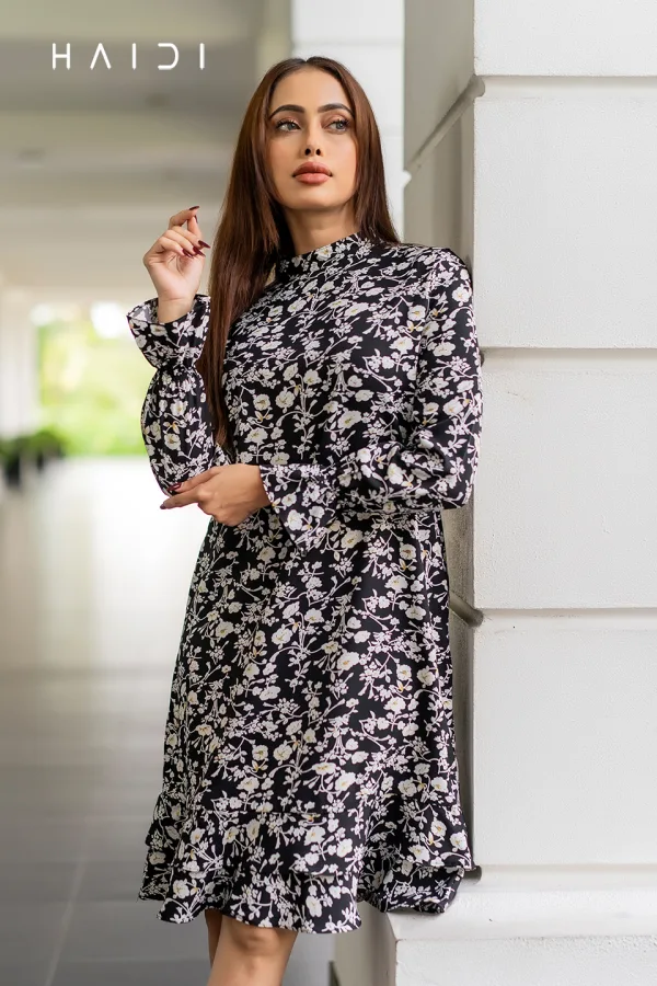 Black Floral Smart Casual Dress – Frill Hem