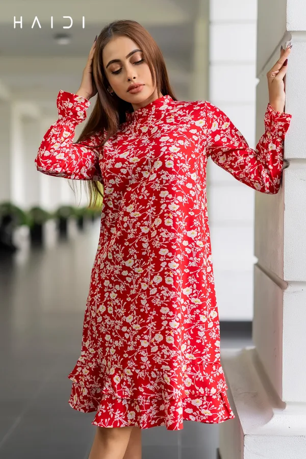 Red Floral Smart Casual Dress – Frill Hem