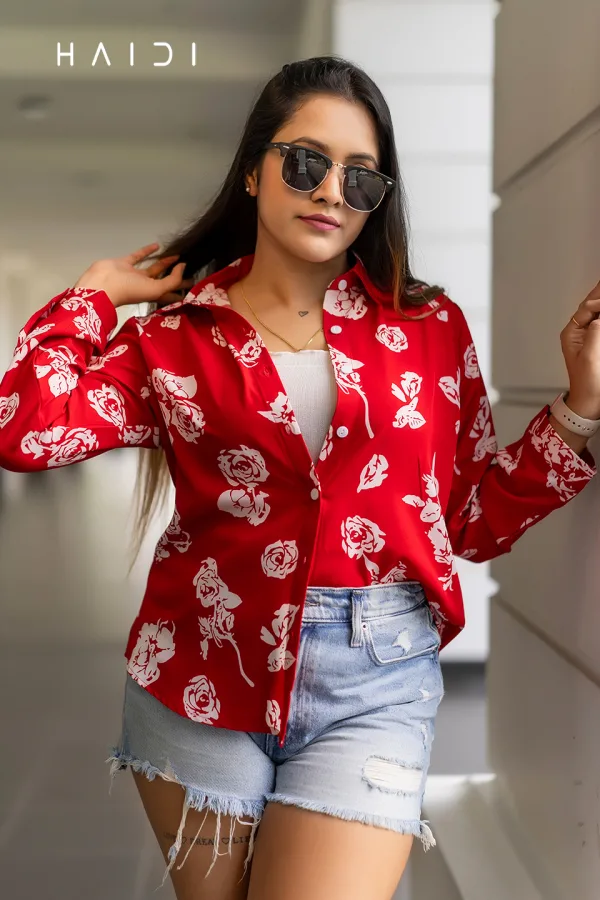 Long Sleeve Shirt Blouse Nov – White Rose Flower Red Background