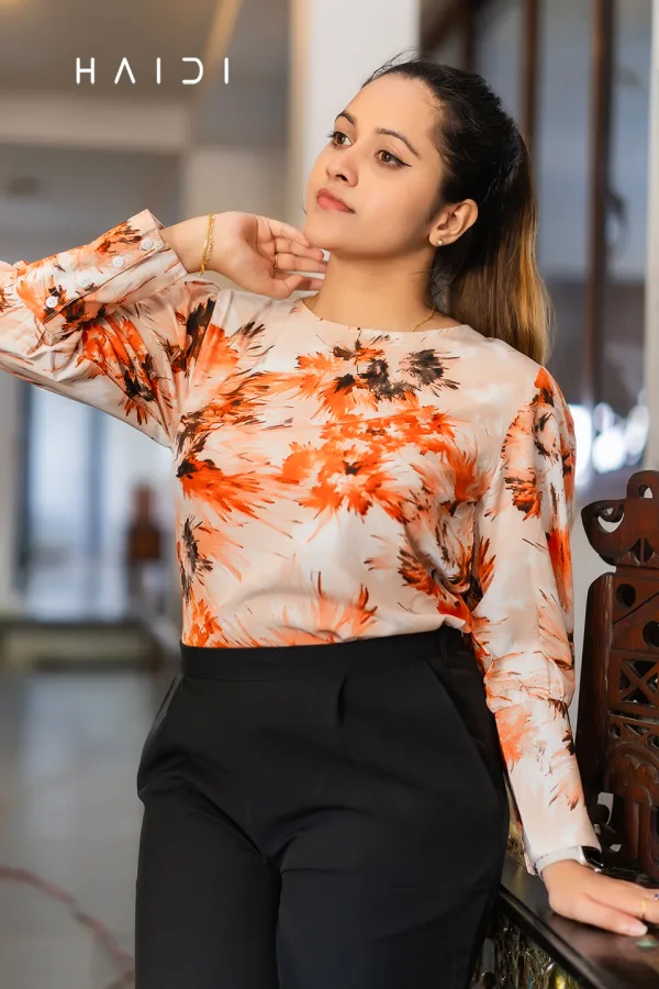 Round Neck Blouse – Orange Paint Brush Print