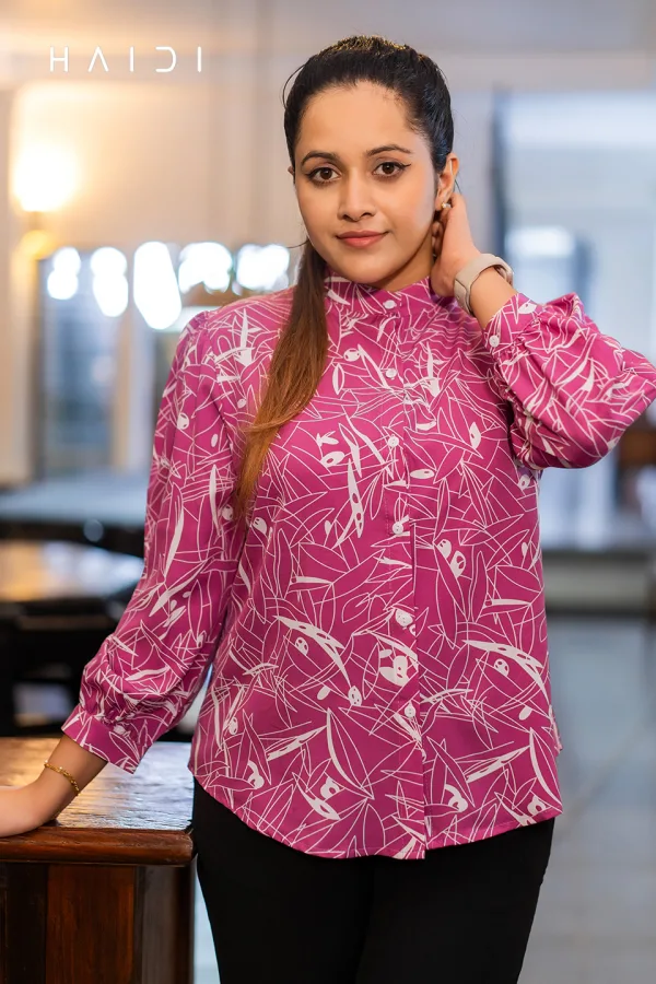 Long Sleeve Blouse With High Neck Collar – Purple Background White Print