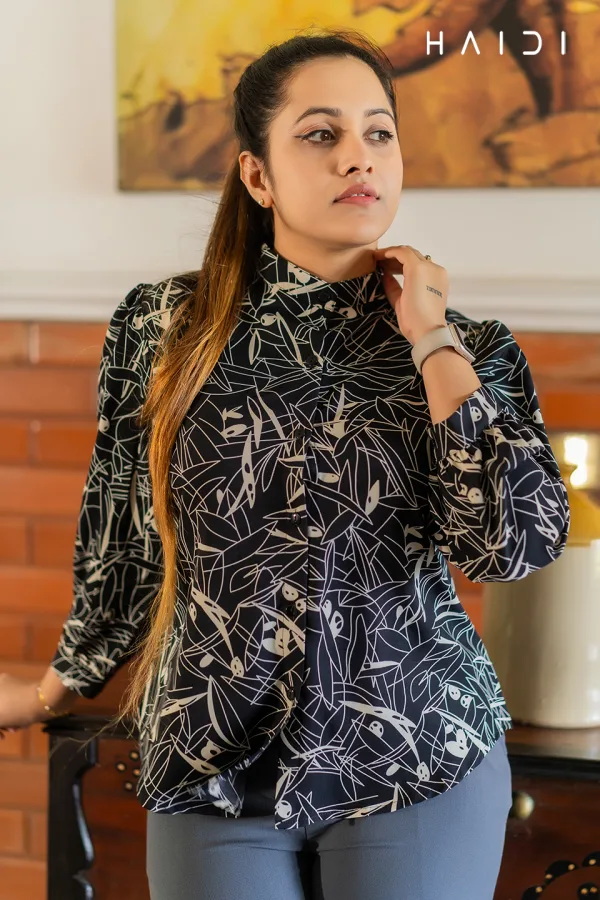 Long Sleeve Blouse With High Neck Collar – Black Background White Print