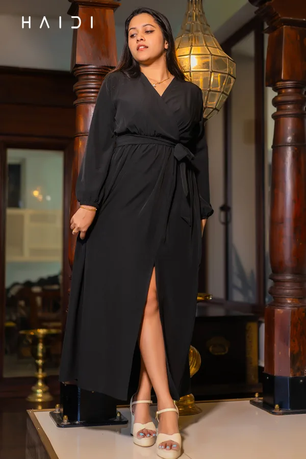 Wrap V neck self tie maxi dress - Black