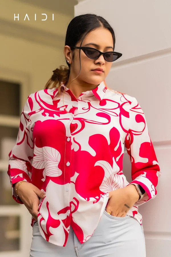 Long Sleeve Shirt Blouse Dec 2 - Geo Print Red Color