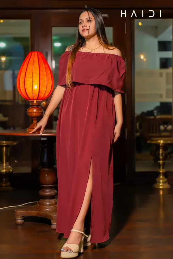 Off Shoulder Frill Top Front Open Maxi Dress