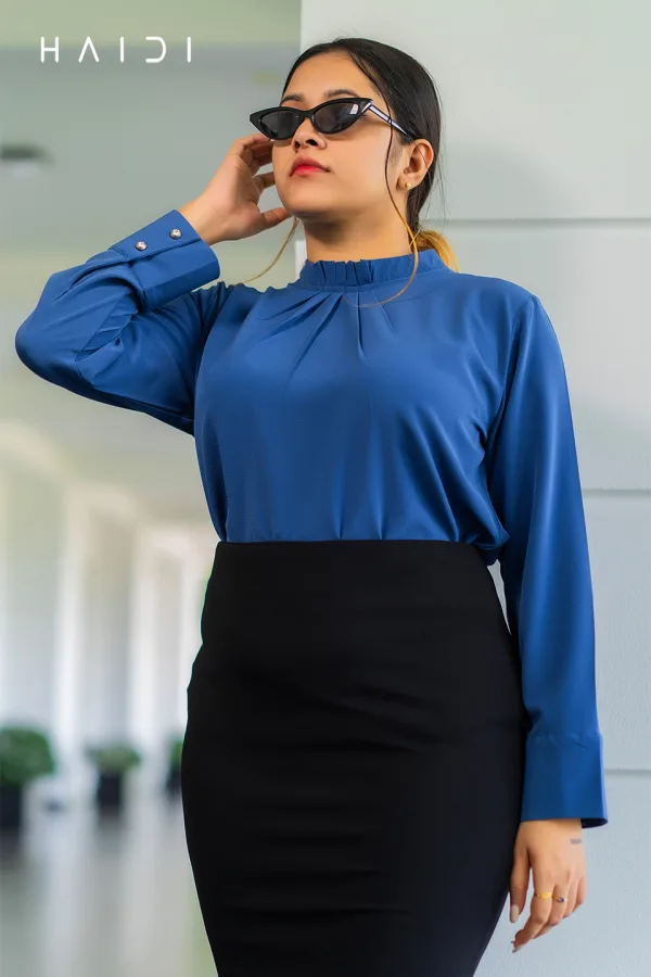 Long Sleeve Blouse With Raffle Pleated High Neck - Blue