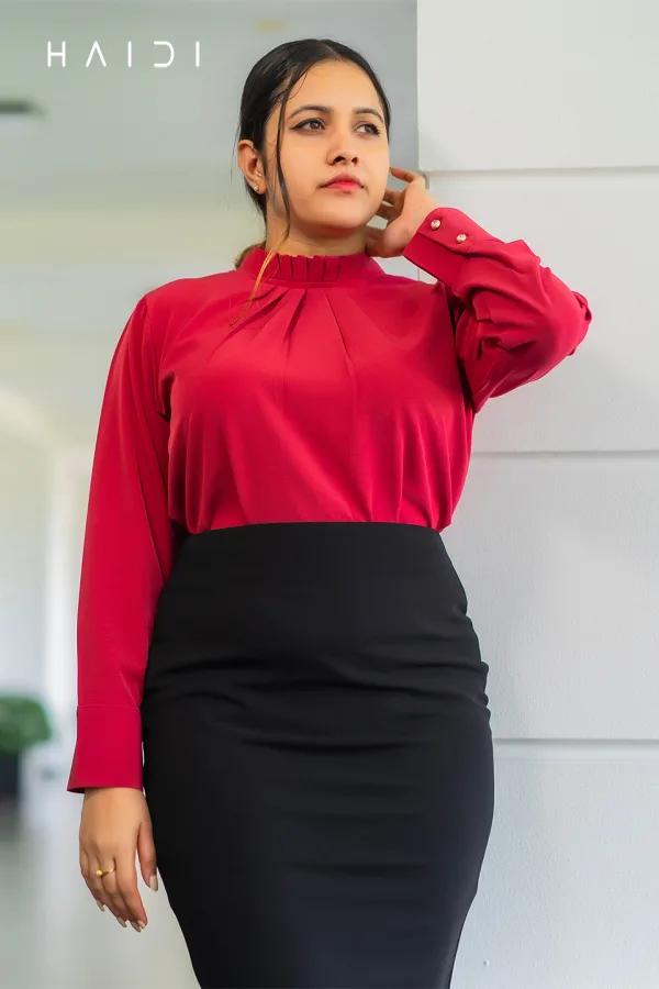 Long Sleeve Blouse With Raffle Pleated High Neck - Red