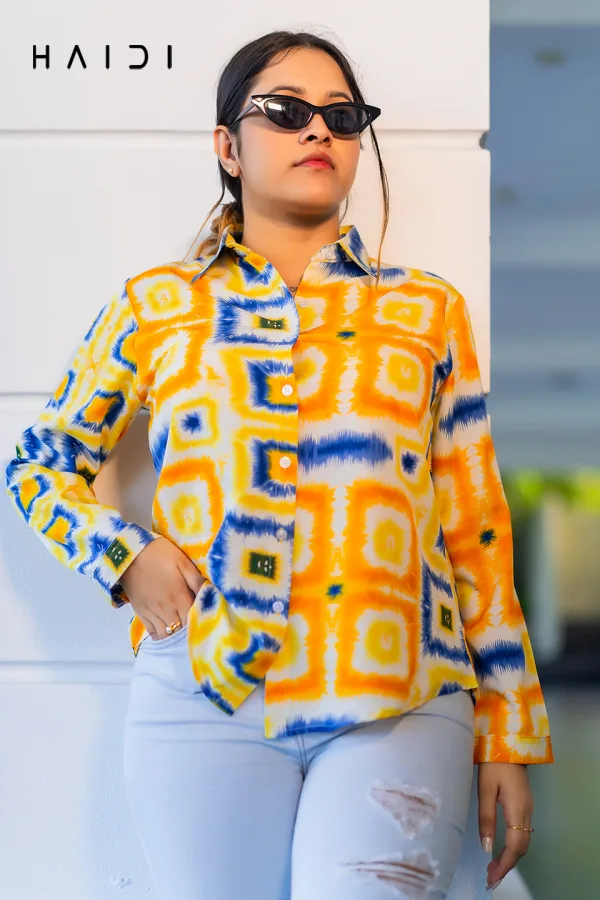 Long Sleeve Shirt Blouse Dec 2 - Yellow Tie Dye Print