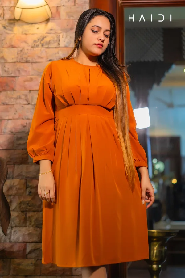 Three Quarter Sleeves Round Neck Pleated Waist Midi Dress – Orange