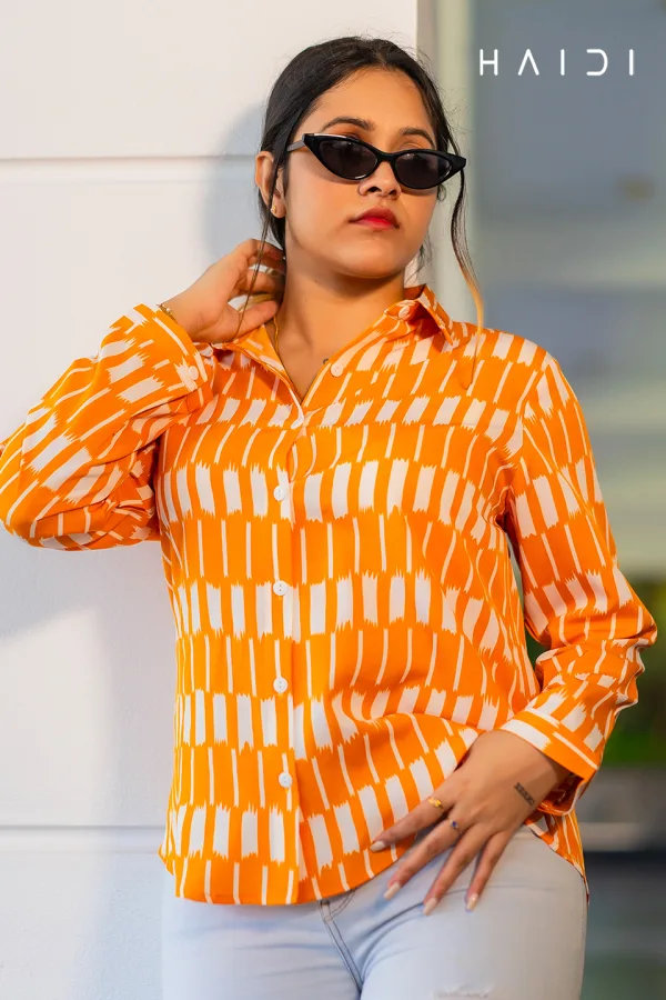 Long Sleeve Shirt Blouse Dec 2 - Square Print Orange & White Color