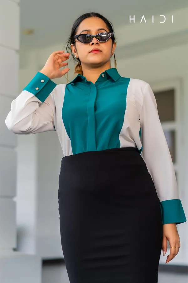 Long Sleeve Color Blocking Blouse - White & Green