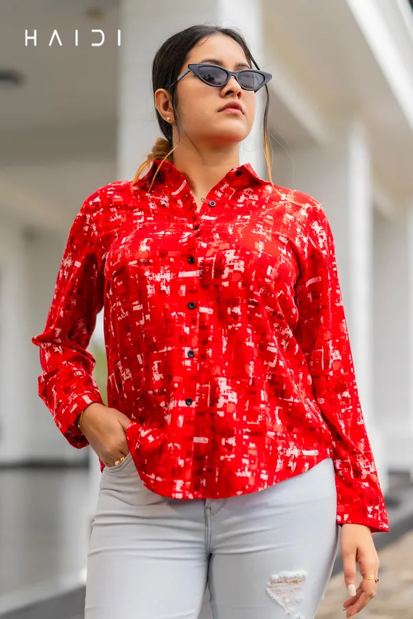 Long Sleeve Shirt Blouse Dec 2 - Geo Square Print Red Color