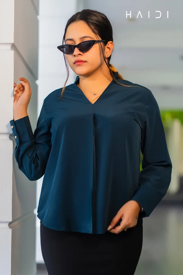 Long Sleeve V Neck Blouse - Dark Green