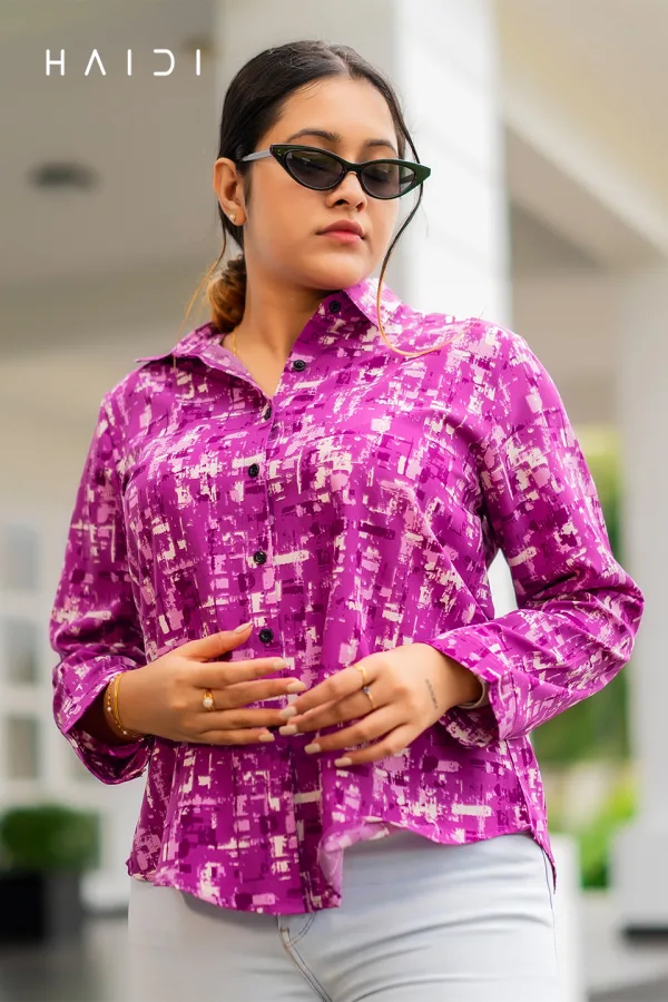 Long Sleeve Shirt Blouse Dec 2 - Geo Square Print Purple Color