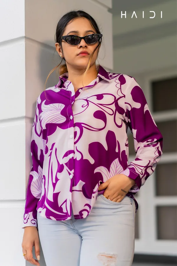 Long Sleeve Shirt Blouse Dec 2 - Geo Print Purple Color