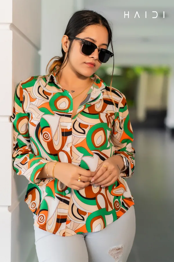 Long Sleeve Shirt Blouse Dec 1 – Bright Orange Green Mix GEO Print