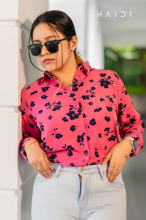 Long Sleeve Shirt Blouse Dec 1 – Pink Background Navy Blue Floral