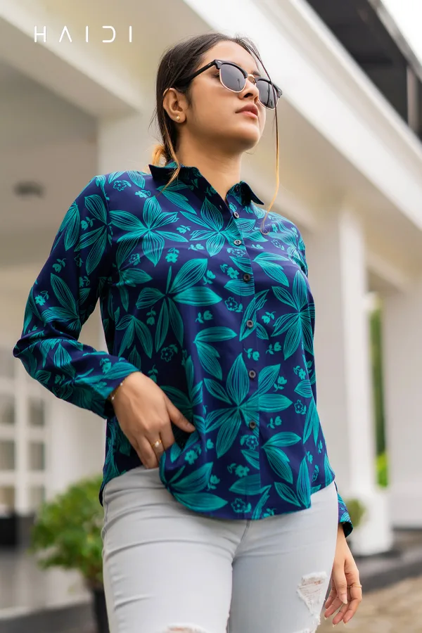 Long Sleeve Shirt Blouse Dec 1 – Dark Blue Background Green Petal Sketch