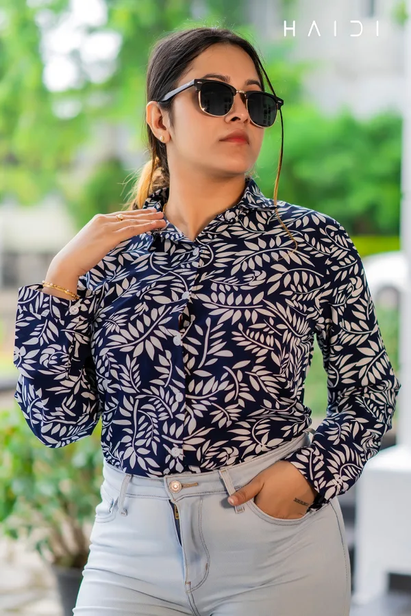 Long Sleeve Shirt Blouse Dec 1 – Dark Blue Background Leaf Bunch