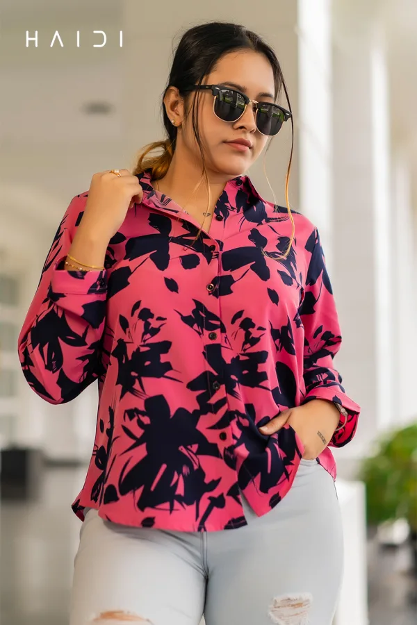 Long Sleeve Shirt Blouse Dec 1 – Pink Background Navy Floral Sketch