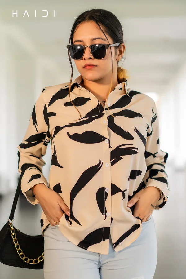 Long Sleeve Shirt Blouse Dec 1 – Off White Background Black Circular Print