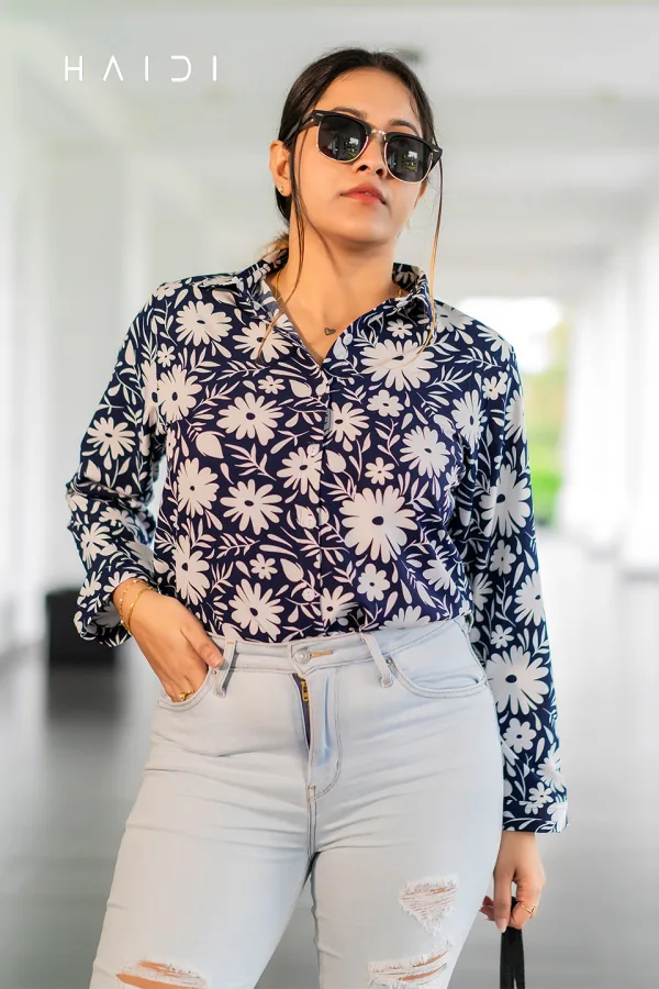 Long Sleeve Shirt Blouse Dec 1 – Navy Blue Background White Leaf Print