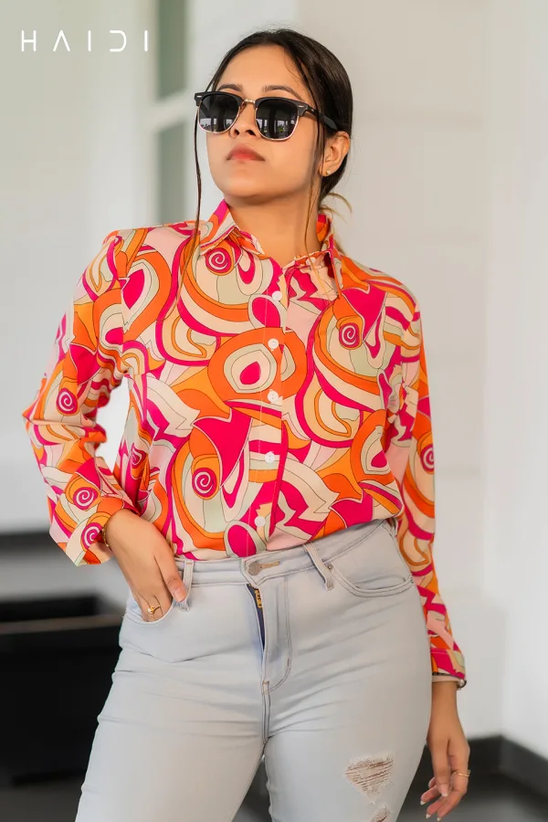 Long Sleeve Shirt Blouse Dec 1 – Bright Orange Pink GEO Print