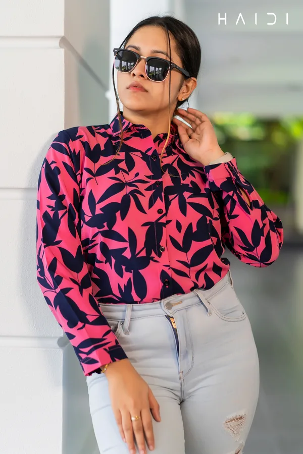 Long Sleeve Shirt Blouse Dec 1 – Pink Background Navy Blue Leaf Print