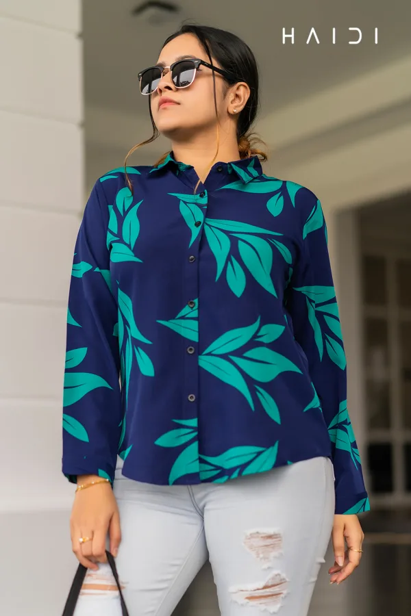 Long Sleeve Shirt Blouse Dec 1 – Navy Blue Background Green Leaf Print