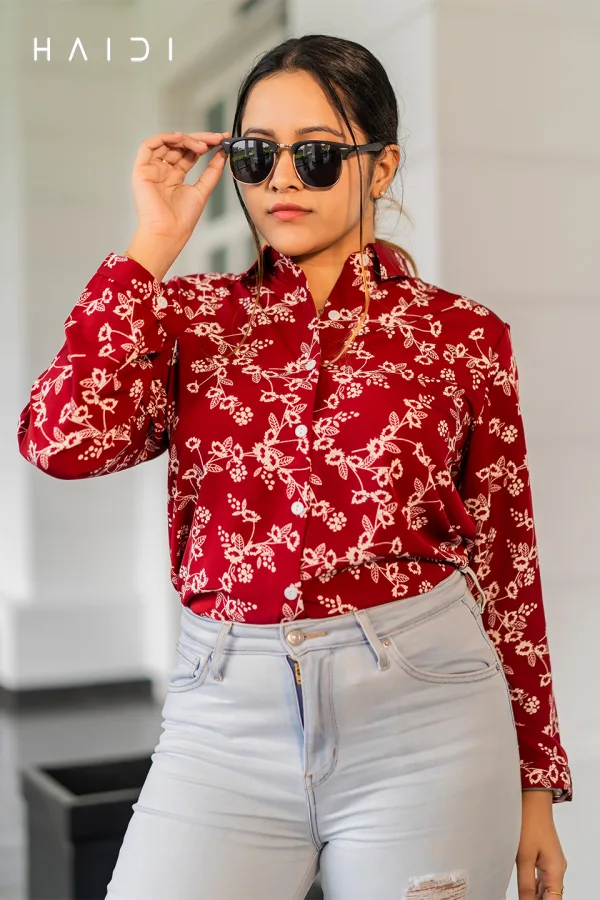 Long Sleeve Shirt Blouse Dec 1 – Maroon Background Tiny White Floral