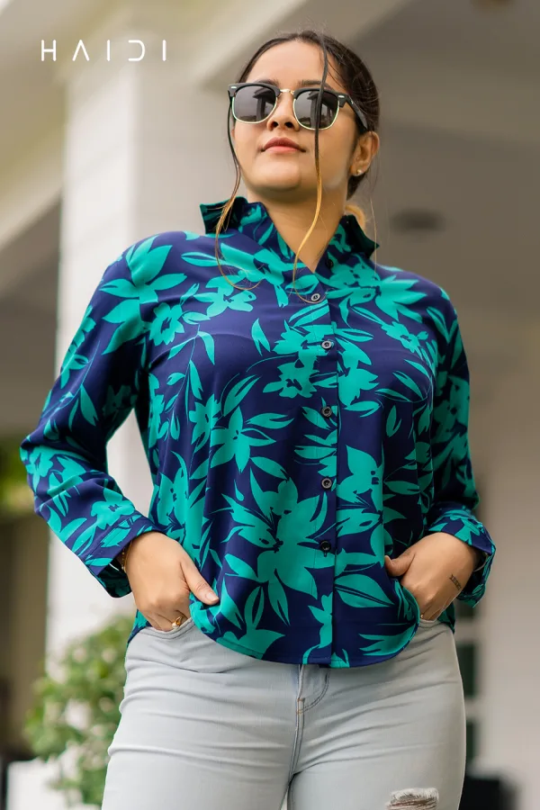 Long Sleeve Shirt Blouse Dec 1 – Navy Blue Background Green Floral Leaf Sketch