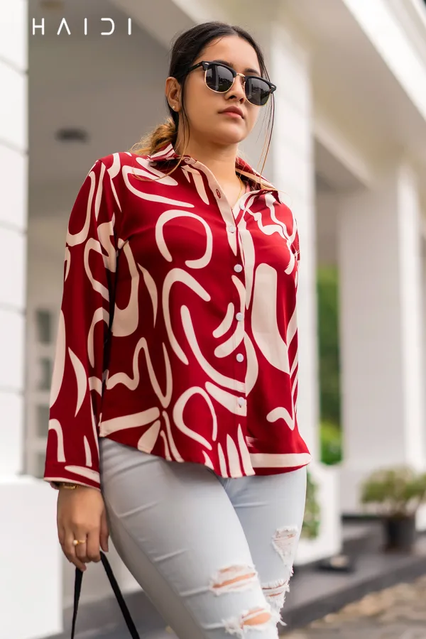 Long Sleeve Shirt Blouse Dec 1 – Maroon Background White Circular Print