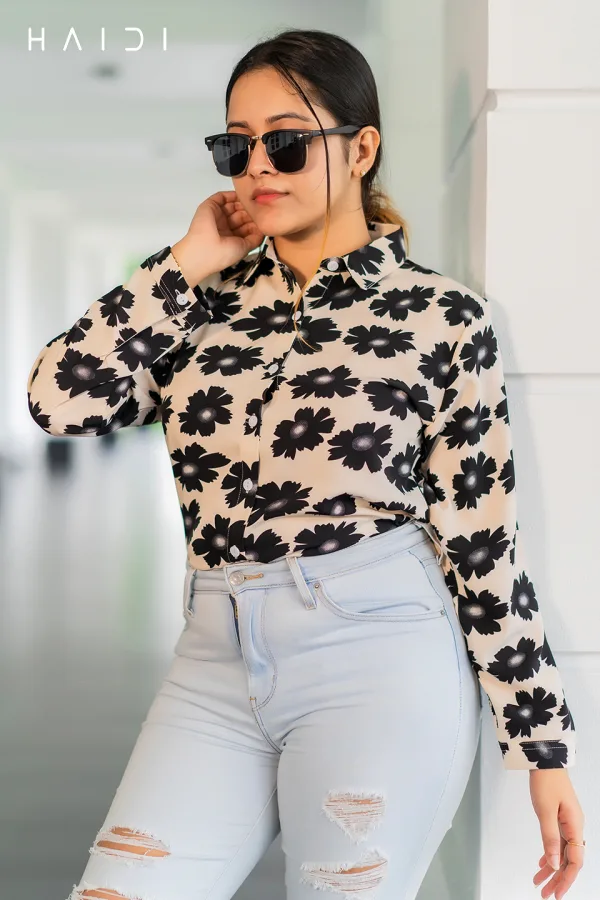 Long Sleeve Shirt Blouse Dec 1 – Off White Background Black Floral Print