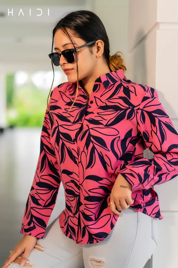 Long Sleeve Shirt Blouse Dec 1 – Pink Background Navy Leaf Sketch